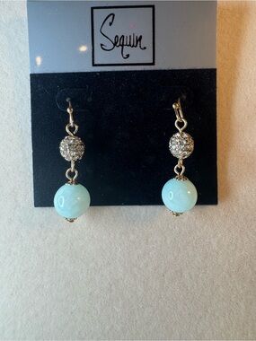 New Sequin Gold-Tone Light Blue Bead Drop Earrings